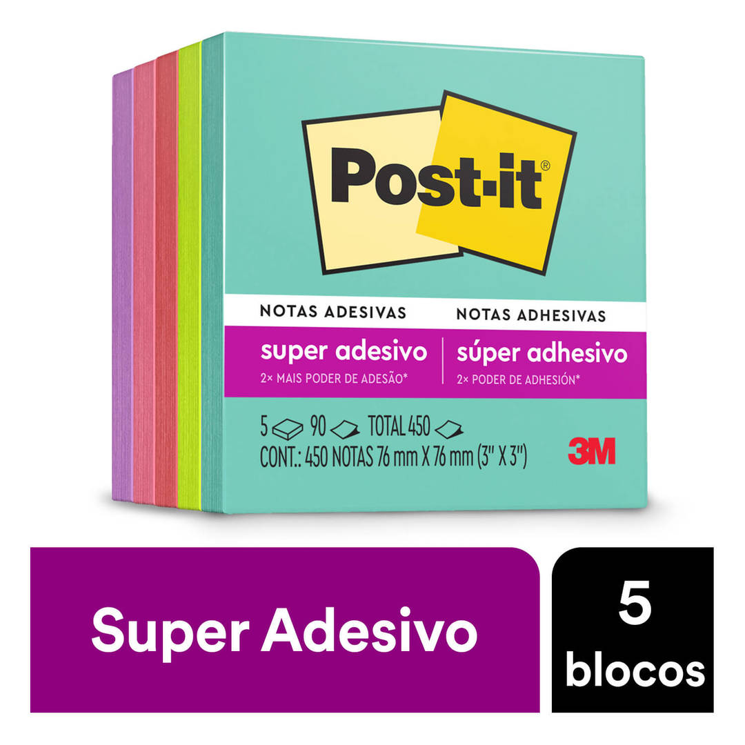 Bloco de Notas Super Adesivas Post-it®, Coleção Supernova Neon, 76 mm x 76 mm, 5 Blocos