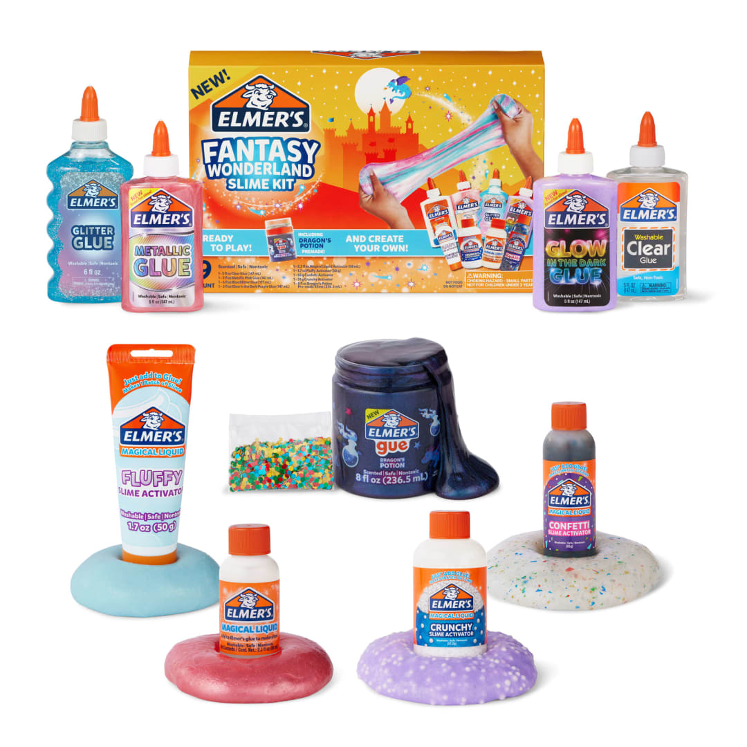 Elmer’s Fantasy Wonderland Slime Kit, Slime Supplies Include Assorted Liquid Glues and Magical Liquid Slime Activators, Plus Elmer’s Gue Premade Slime, 9 Count