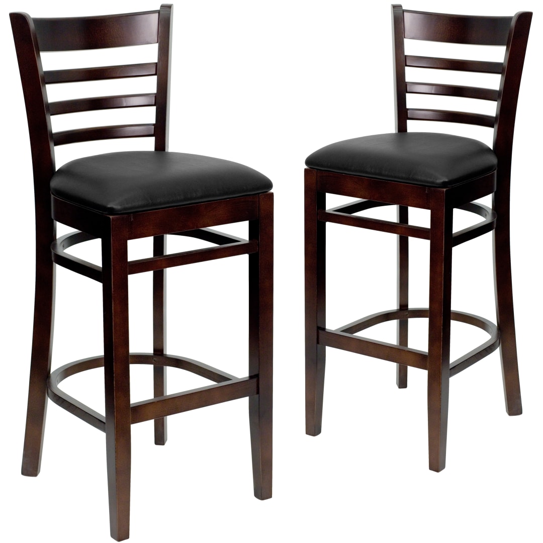 2 Pack HERCULES Series Ladder Back Walnut Wood Restaurant Barstool - Black Vinyl Seat