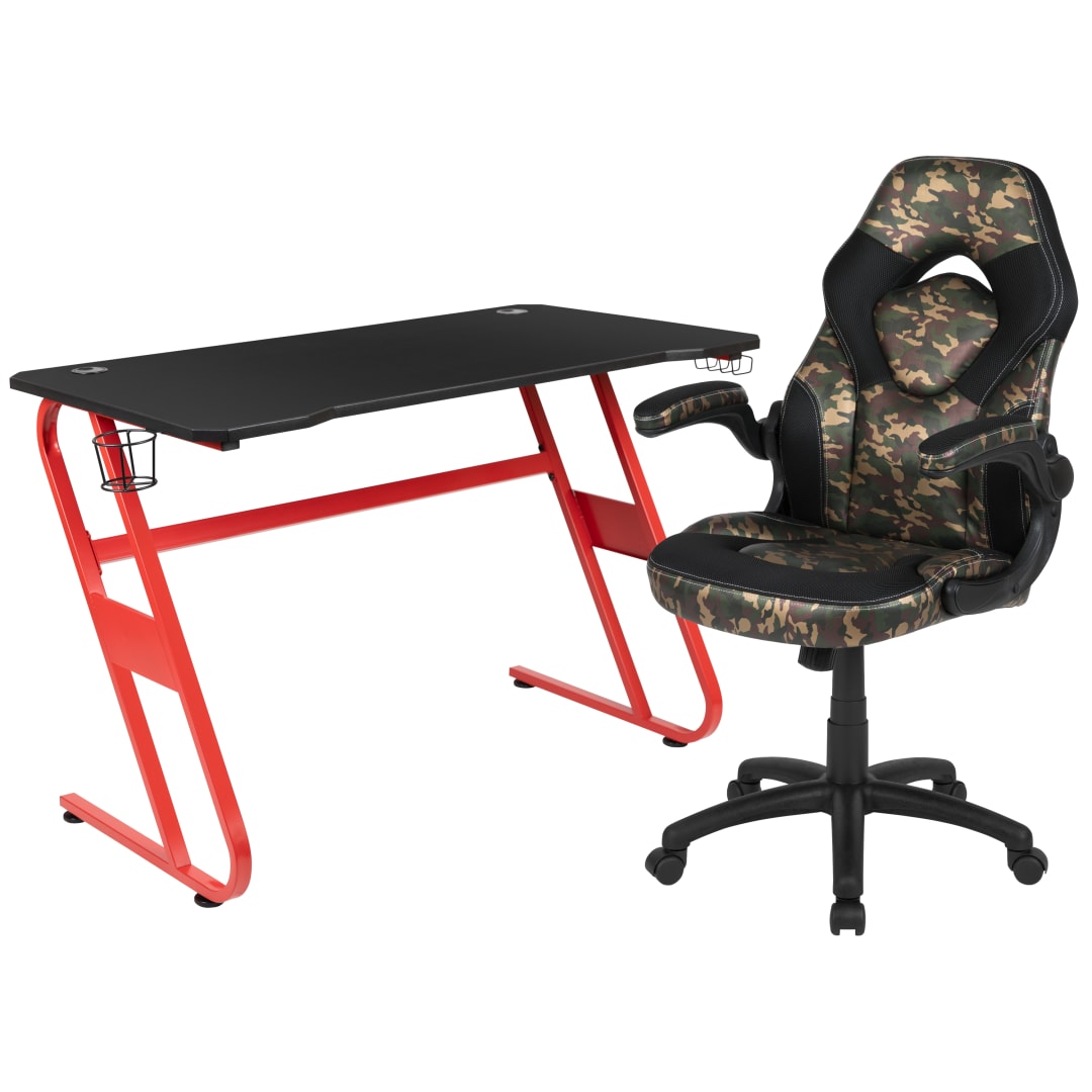 Optis Red Gaming Desk and Camouflage/Black Racing Chair Set with Cup Holder and Headphone Hook