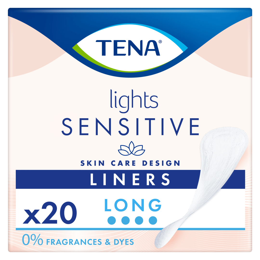 TENA Lights Sensitive Long – Incontinence Liners for Women, Light Bladder Leaks, 21cm Long, Triple Protection Against Leaks, Odour &amp; Moisture, 0% Fragrances &amp; Dyes for Sensitive Skin - Pack of 20