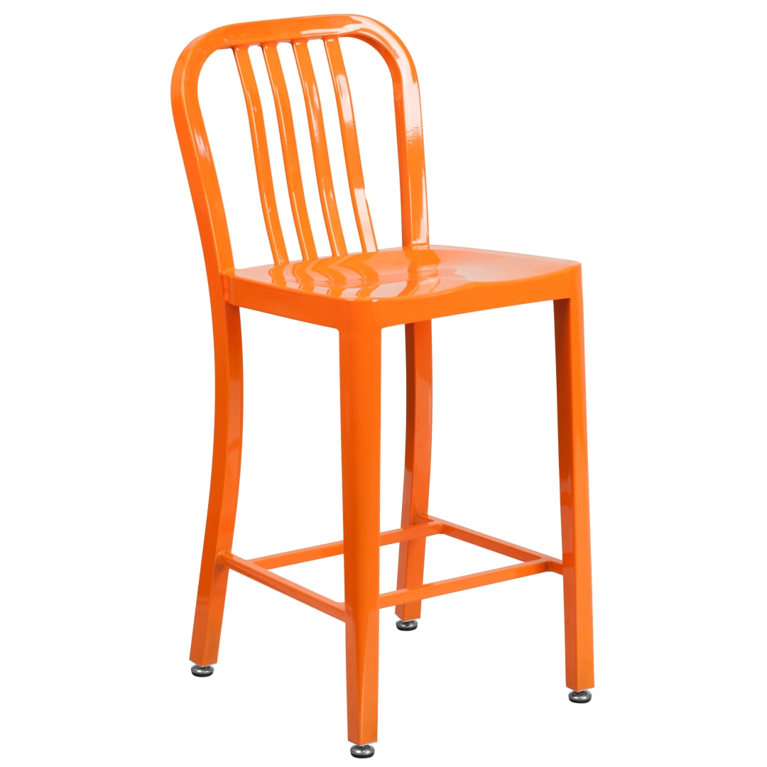 Gael Commercial Grade 24" High Orange Metal Indoor-Outdoor Counter Height Stool with Vertical Slat Back