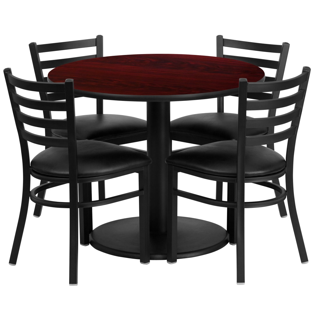 Jamie 36'' Round Mahogany Laminate Table Set with Round Base and 4 Ladder Back Metal Chairs - Black Vinyl Seat
