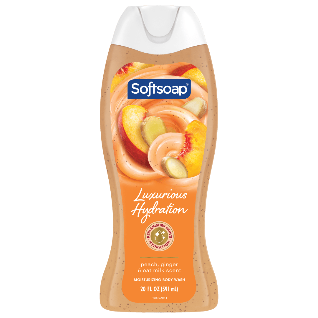 Softsoap Luxurious Hydration Moisturizing Body Wash, pH Balanced Body Wash, Pampering Shower Gel, Peach, Ginger and Oat Milk Scent, 20 fl oz Bottle