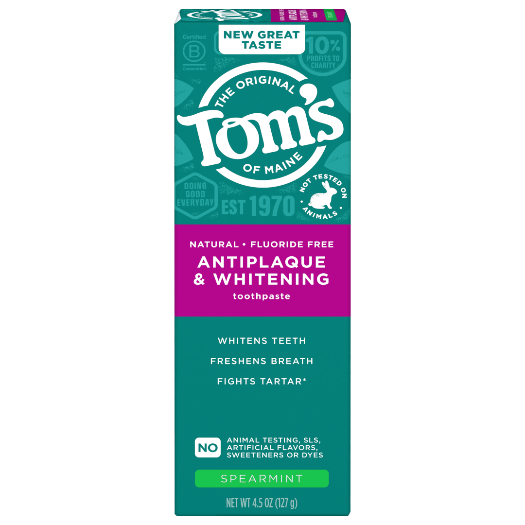 Tom’s of Maine Antiplaque and Whitening Toothpaste, Fluoride Free, Spearmint, 1 Pack, 4.5 oz
