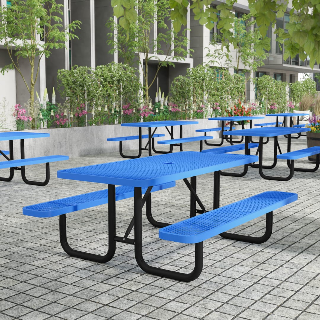 Mantilla 6' Rectangular Outdoor Picnic Table with Commercial Heavy Gauge Expanded Metal Mesh Top and Seats and Steel Frame in Blue