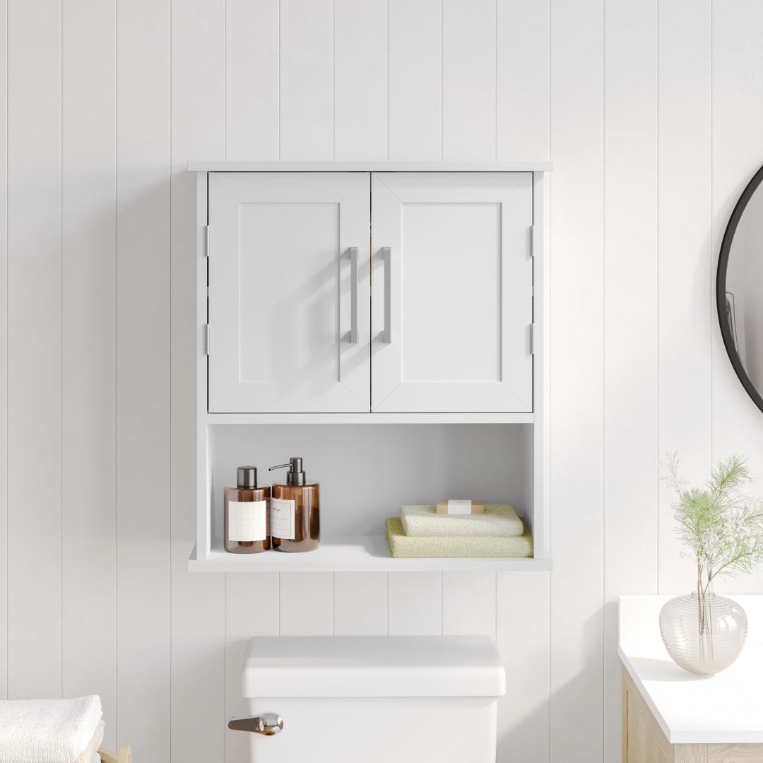 Vega Wall Mounted Bathroom Medicine Cabinet Storage Organizer with Two Magnetic Closure Doors, Adjustable Shelf, and Lower Open Shelf in White