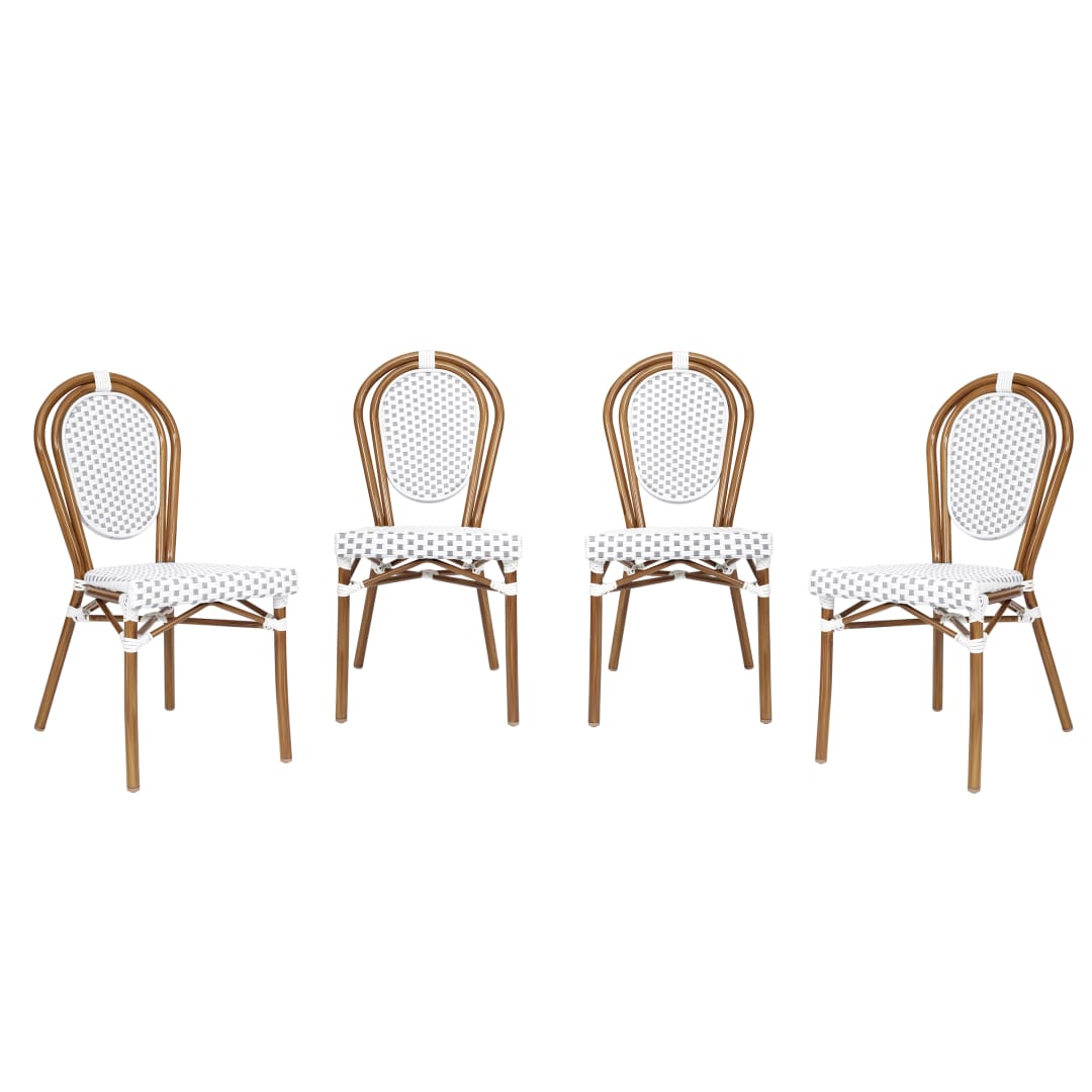 4 Pack Lourdes Indoor/Outdoor Commercial Thonet Bistro Stacking Chair, White and Gray PE Rattan and Bamboo Print Aluminum Frame in Natural