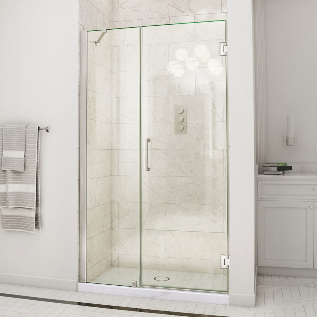 DreamLine Unidoor 48 - 49 inch W x 72 inch H Frameless Hinged Shower Door with Support Arm in Brushed Nickel