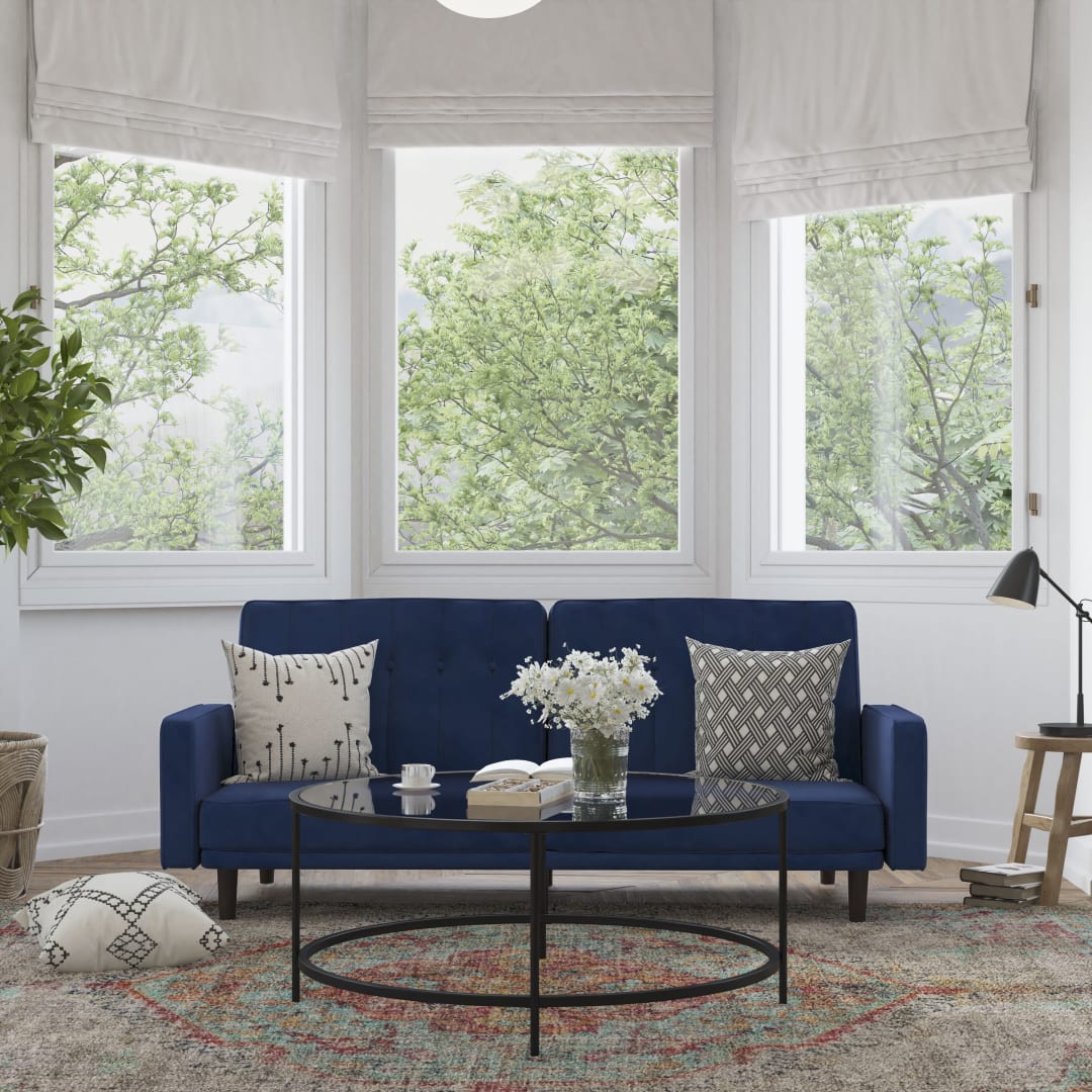 Carter Premium Tufted Split Back Sofa Futon, Convertible Sleeper Couch for Small Spaces in Navy Velvet Upholstery with Solid Wooden Legs