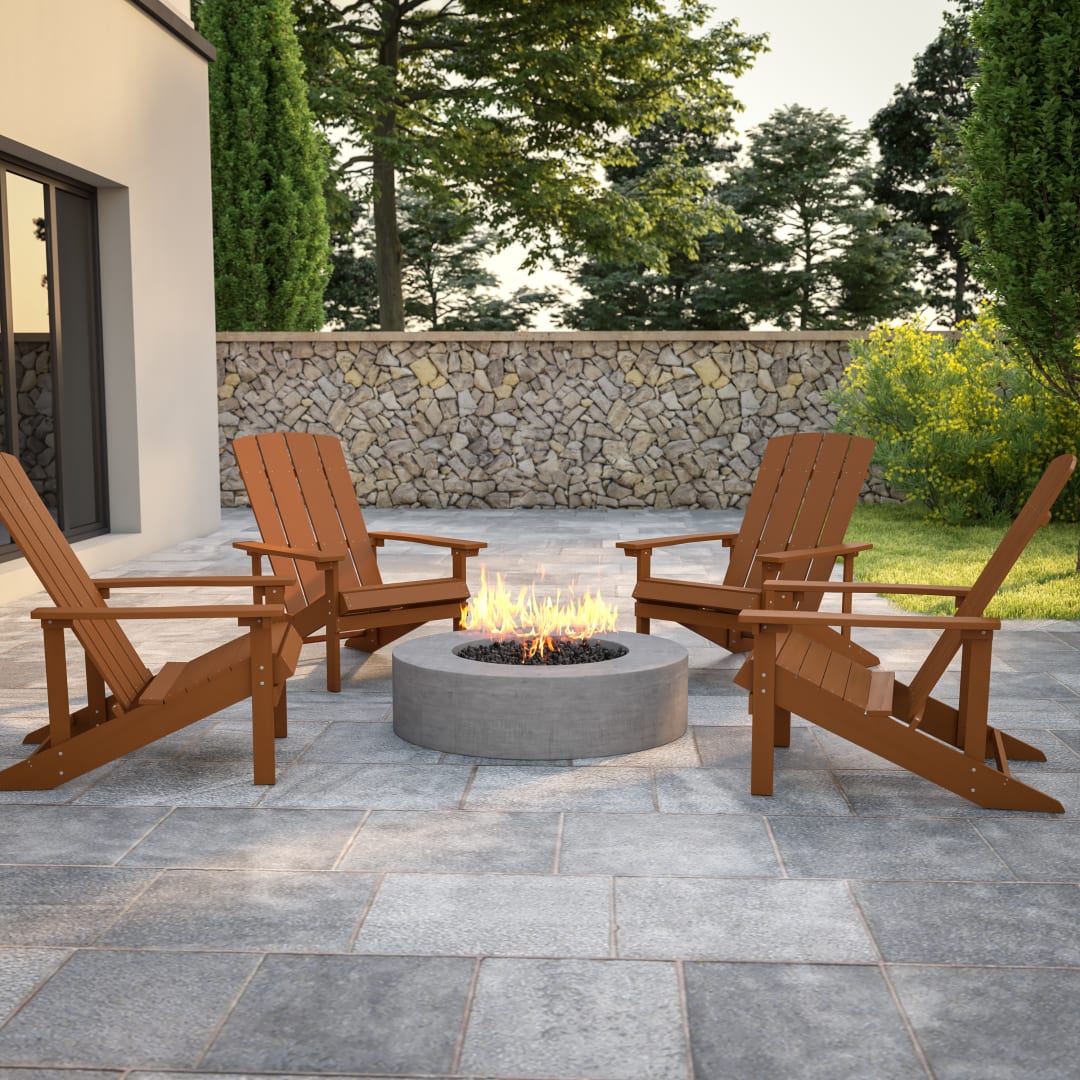 Set of 4 Charlestown All-Weather Poly Resin Wood Adirondack Chairs in Teak