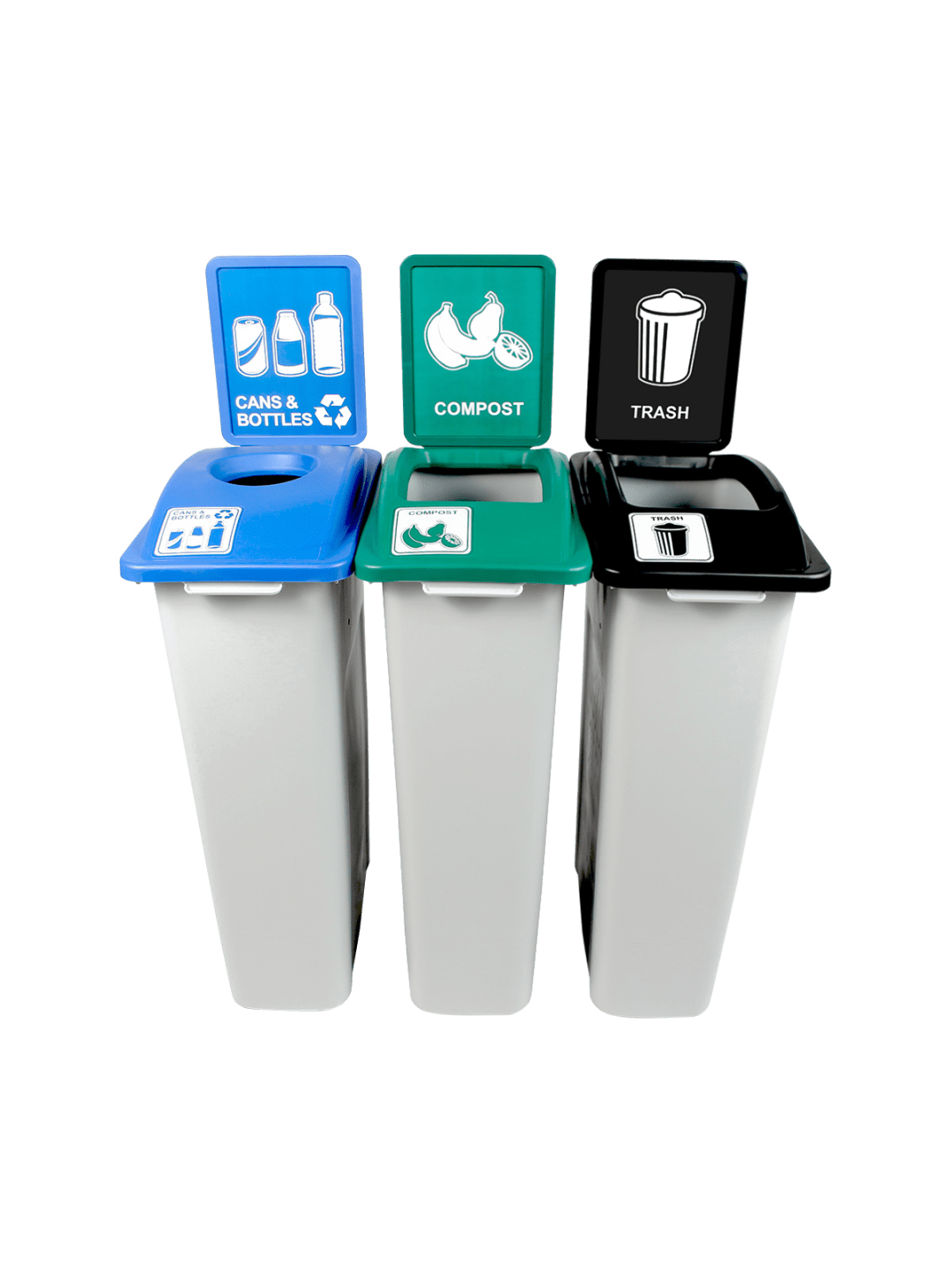  WASTE WATCHER - Triple - Kit - California Compliant - Cans & Bottles-Compost-Trash - Circle-Full - Grey-Blue-Green-Black