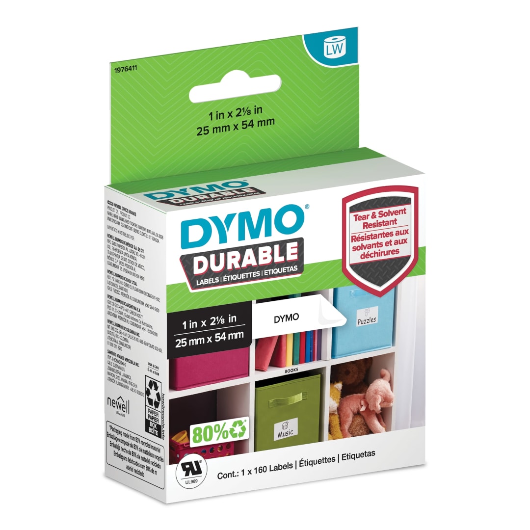 DYMO® LW Durable Labels for LabelWriter™ Label Printers, White Poly, 1” x 2-1/8”, 1 Roll of 160