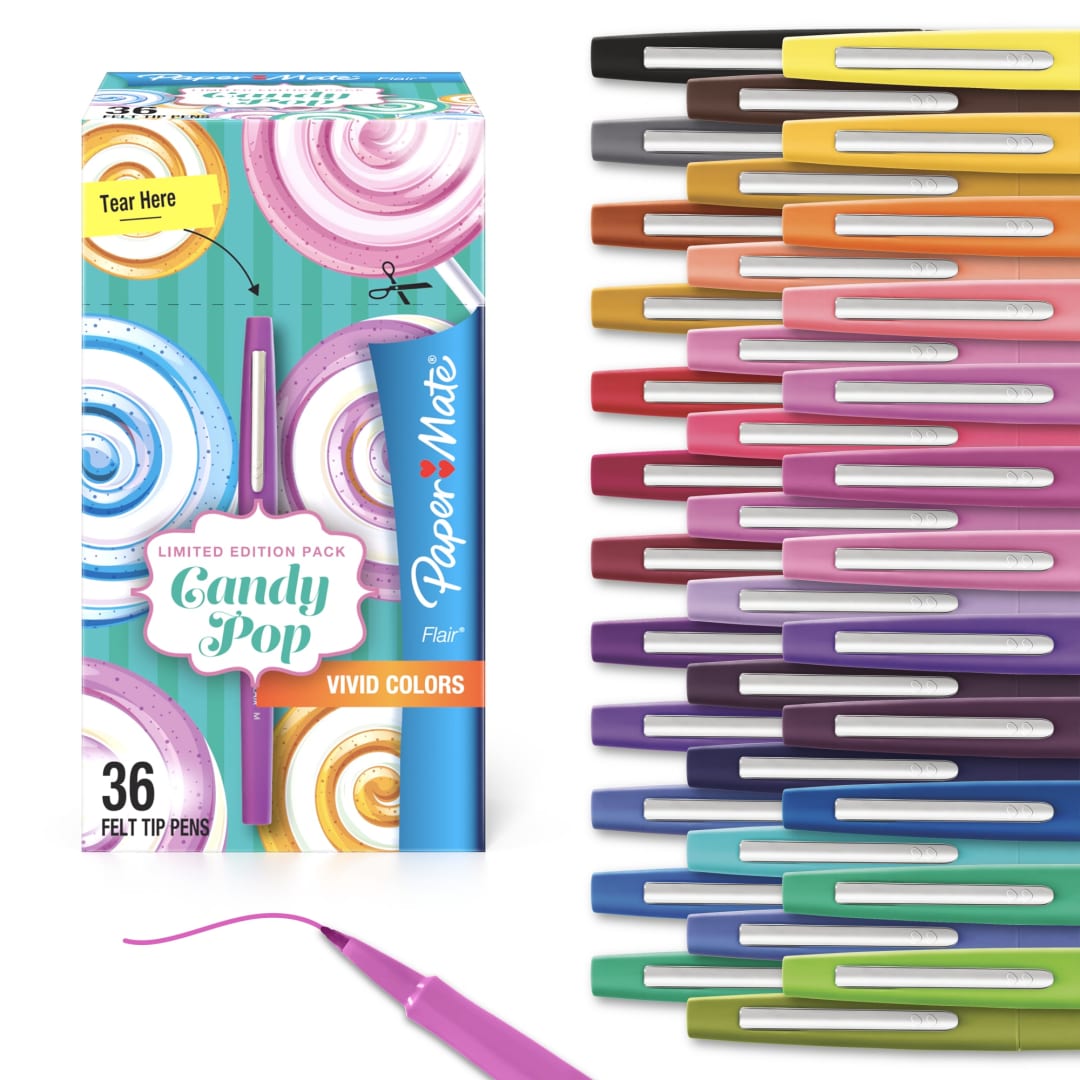 Paper Mate® Flair Felt Tip Pens, Medium Point (0.7mm), Limited Edition Candy Pop Pack, 36 Count; Perfect for Teachers, Students, Expressive Writing, Drawing