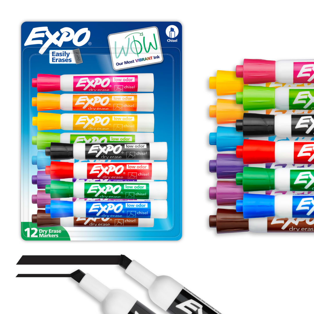 EXPO Dry Erase Markers, Low Odor Ink, Assorted Colors, Chisel Tip, 12 Count
