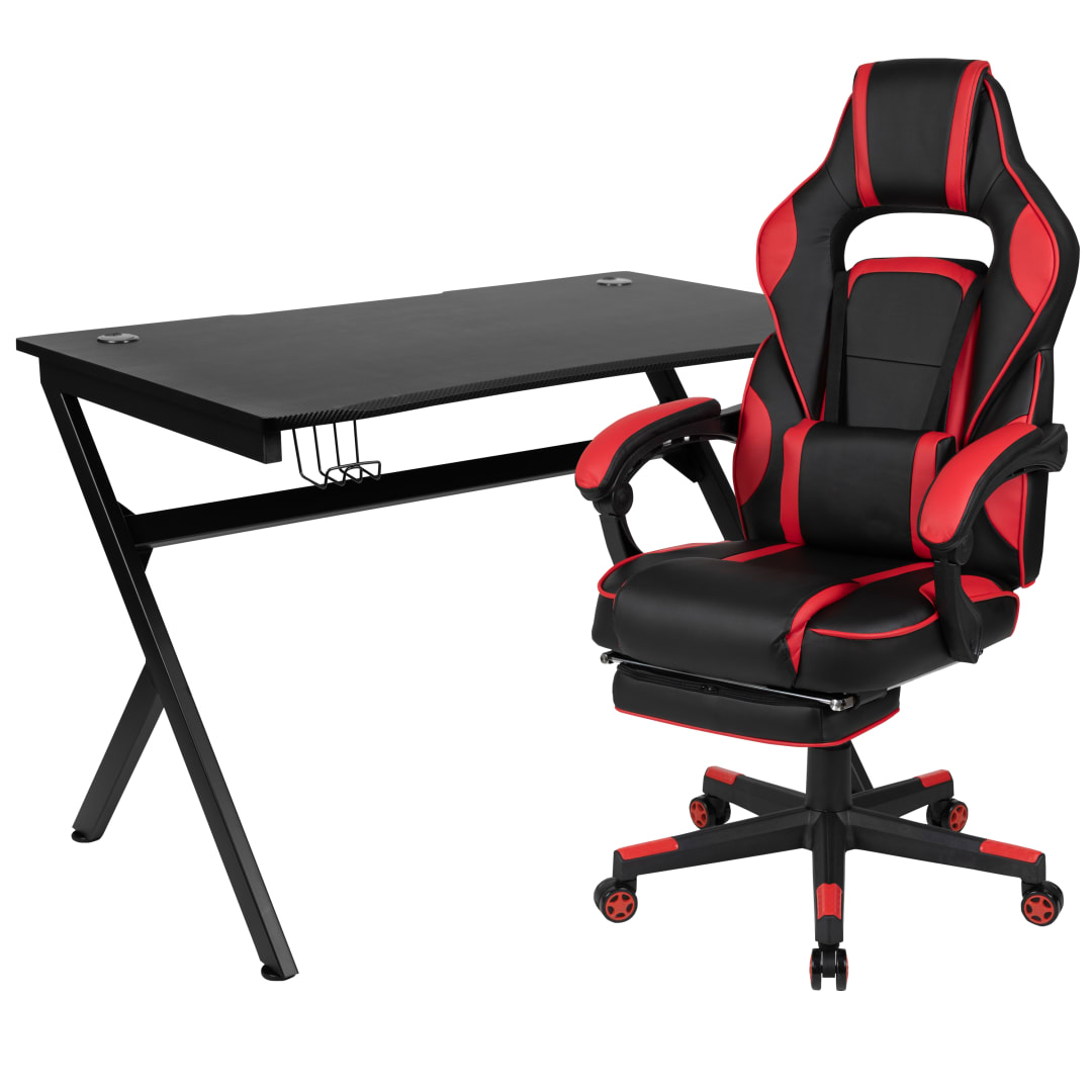 Optis Black Gaming Desk with Cup Holder/Headphone Hook/2 Wire Management Holes &amp; Red Reclining Back/Arms Gaming Chair with Footrest