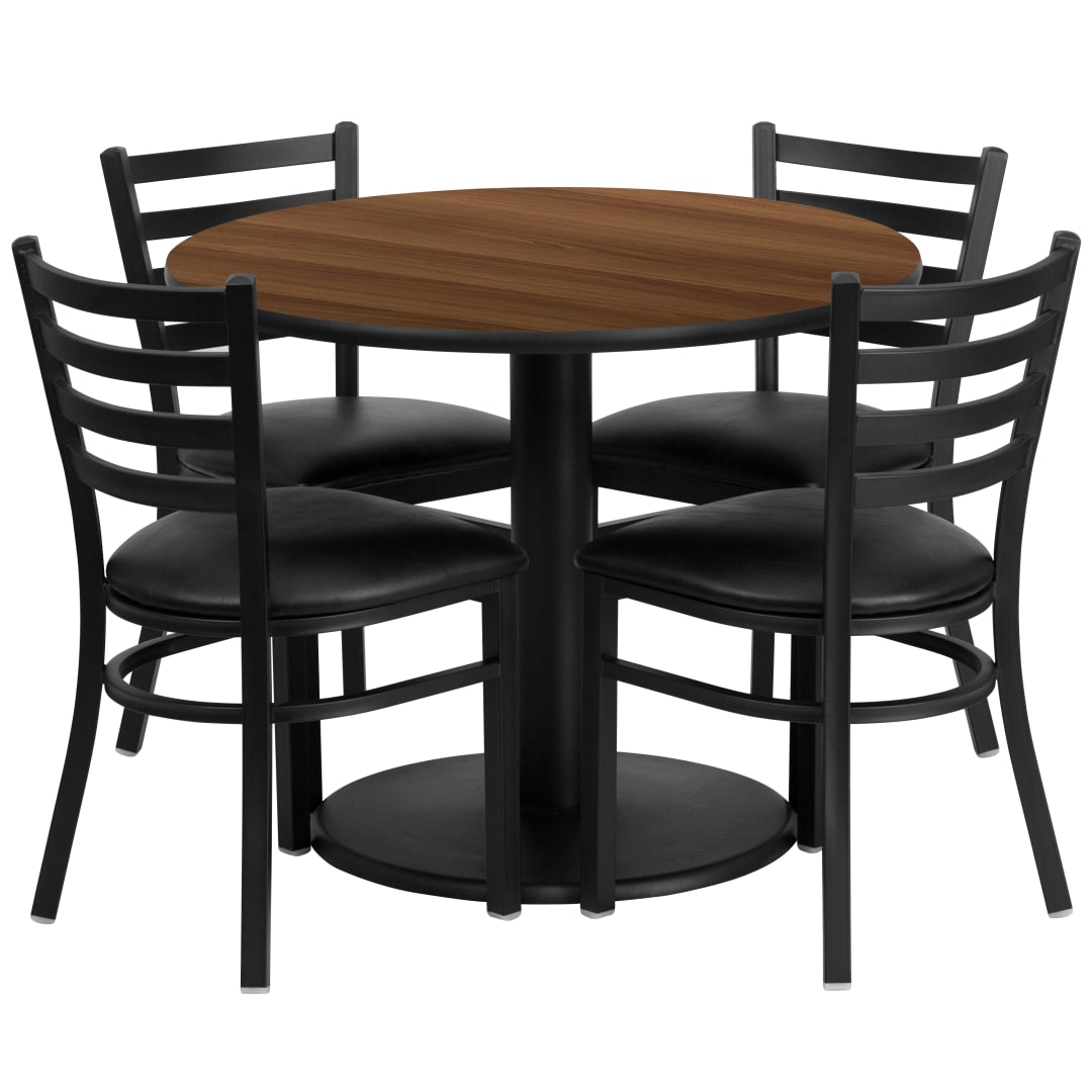 Jamie 36'' Round Walnut Laminate Table Set with Round Base and 4 Ladder Back Metal Chairs - Black Vinyl Seat