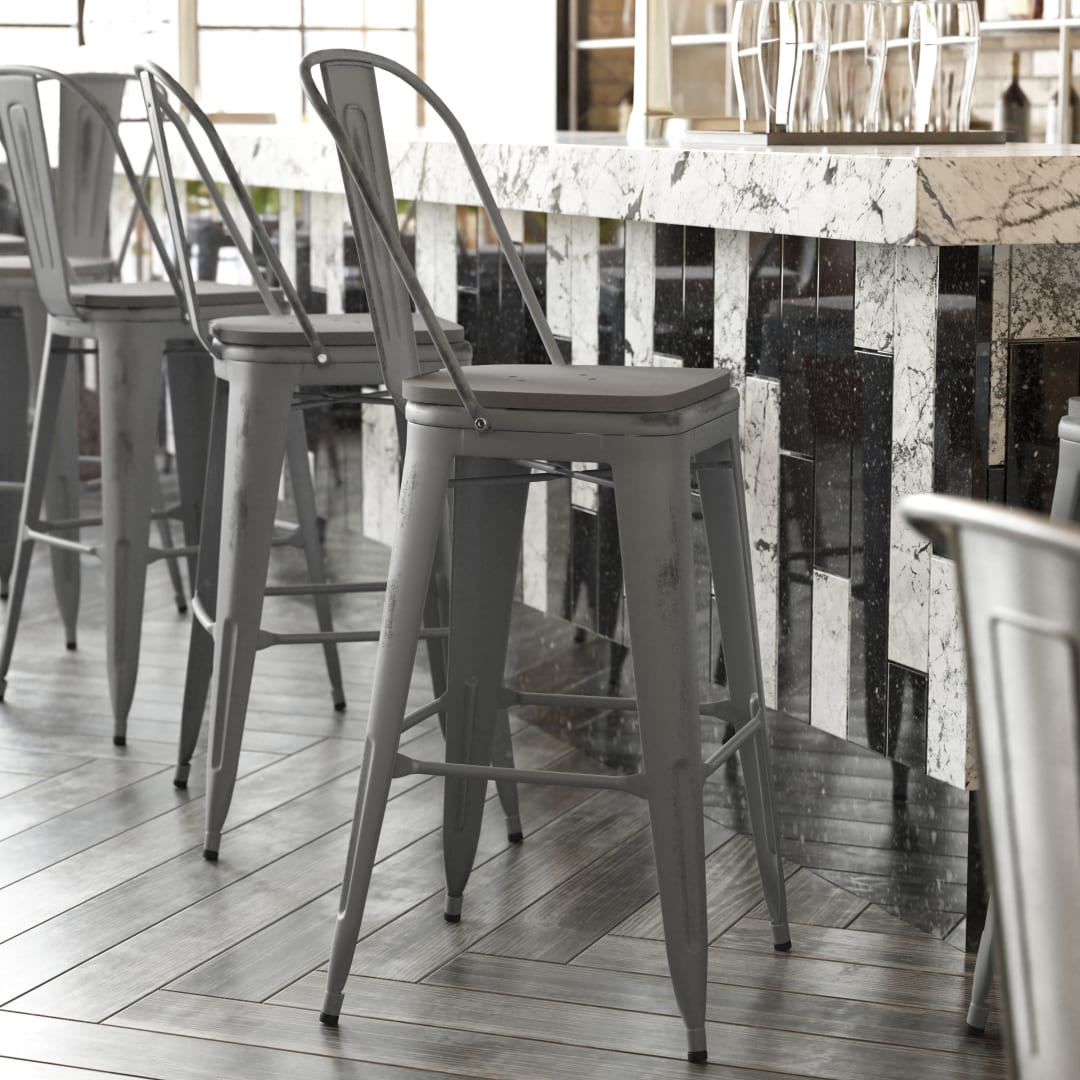 Lincoln 30'' High Silver Antique Finish with Clear Coat Indoor Barstool with Back and Gray Poly Resin Wood Seat