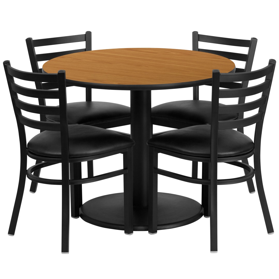Jamie 36'' Round Natural Laminate Table Set with Round Base and 4 Ladder Back Metal Chairs - Black Vinyl Seat