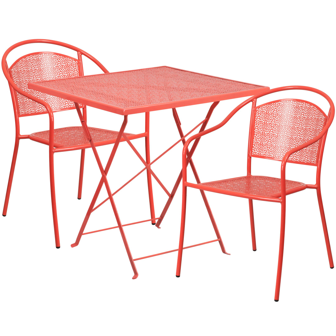 Oia Commercial Grade 28" Square Coral Indoor-Outdoor Steel Folding Patio Table Set with 2 Round Back Chairs