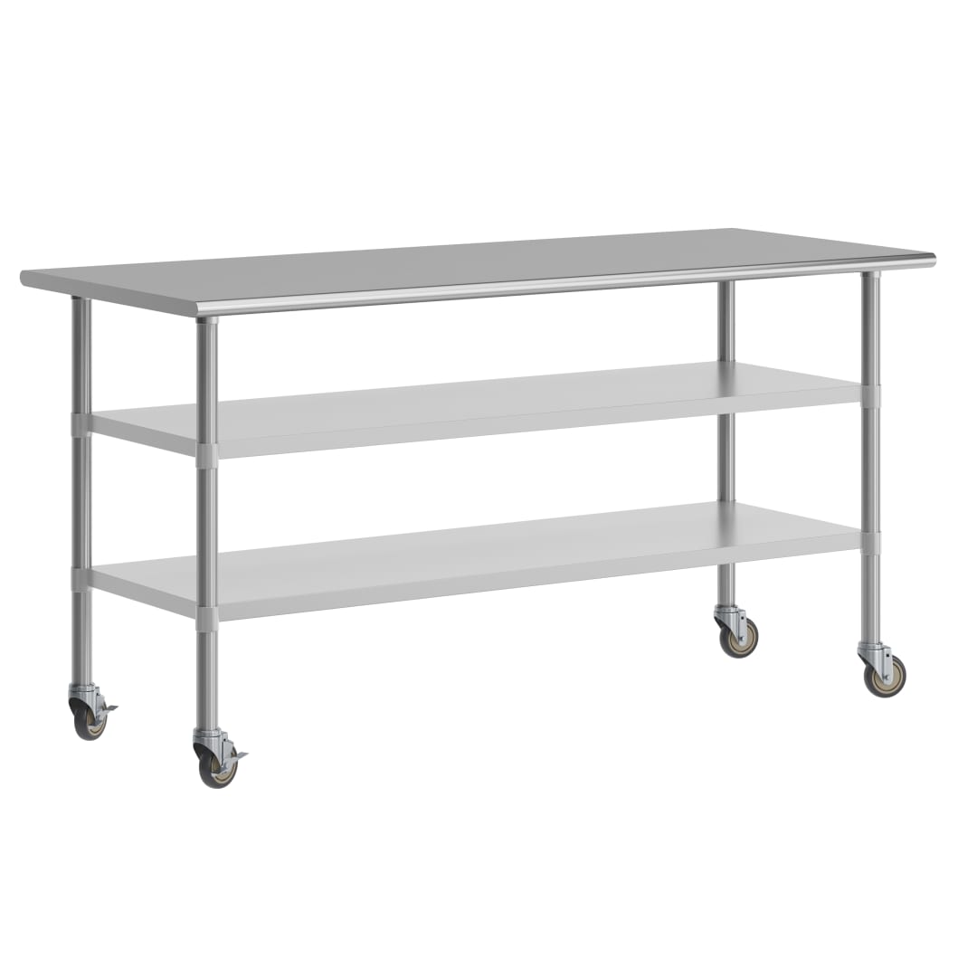 Reader NSF Certified Stainless Steel Prep and Work Table 30"x 72" with 2 Galvanized Steel Undershelves and 4 Casters, Heavy Duty Food Prep Worktable