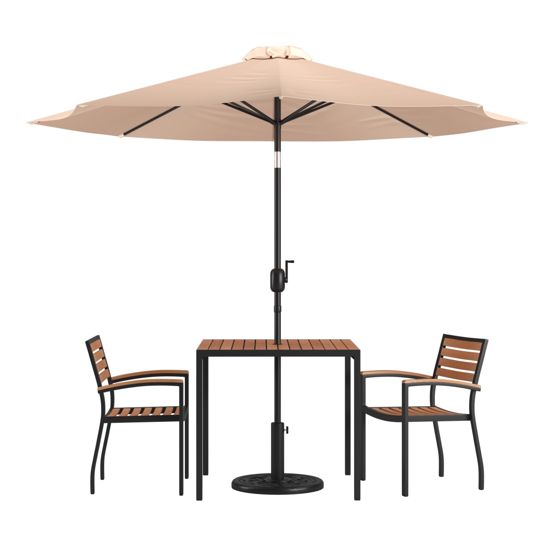 Lark 5 Piece Outdoor Patio Table Set with 2 Synthetic Teak Stackable Chairs, 35" Square Table, Tan Umbrella & Base