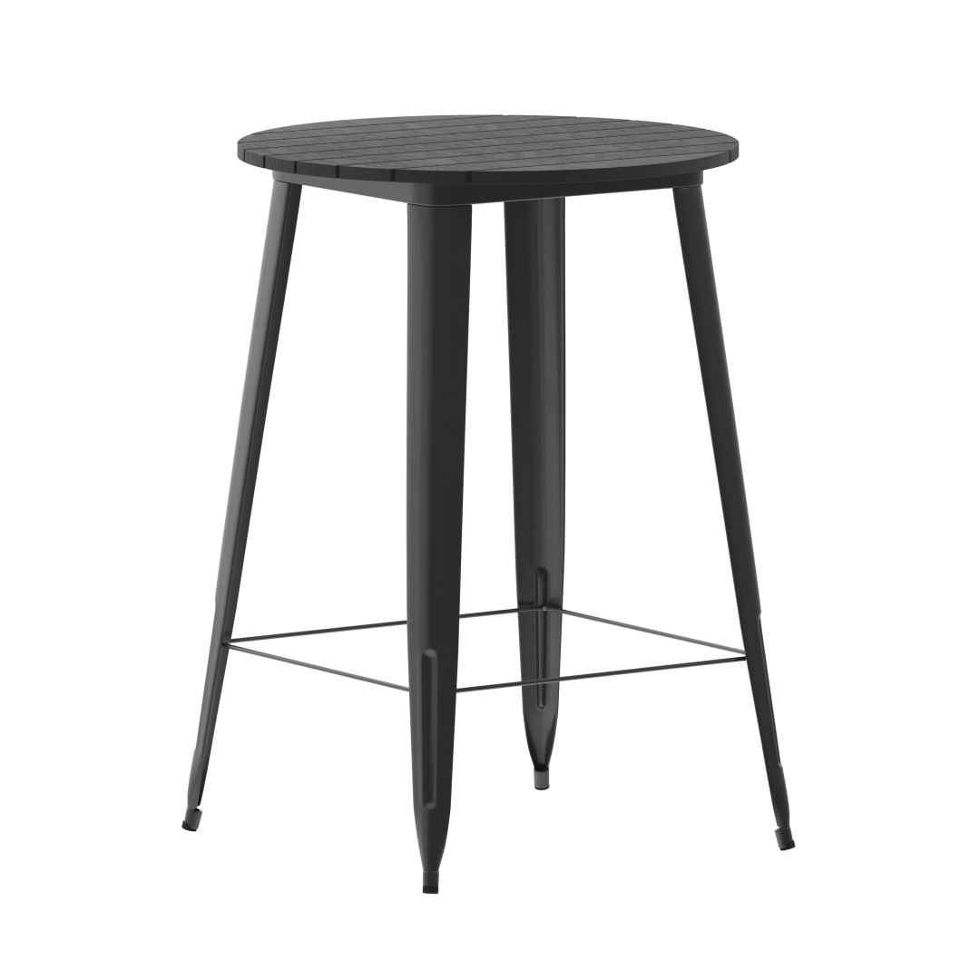 Declan Commercial Indoor/Outdoor Bar Top Table, 30" Round All Weather Black Poly Resin Top with Black Steel base