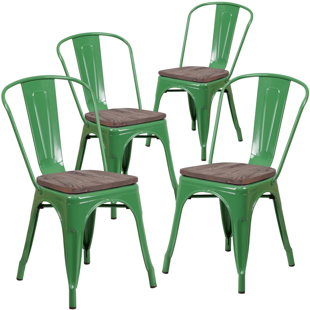 Luke 4 Pk. Green Metal Stackable Chair with Wood Seat