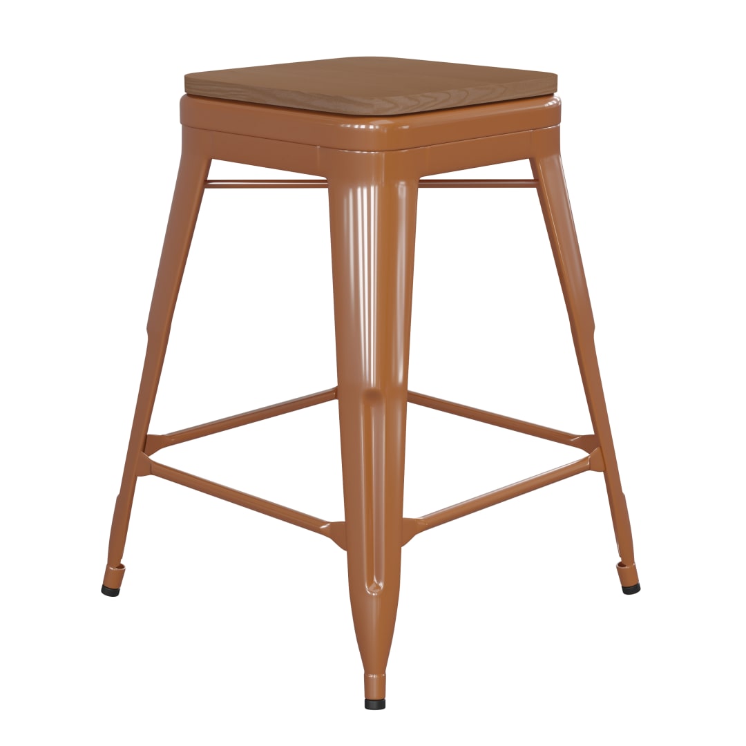 Kai Commercial Grade 24" High Backless Orange Metal Indoor-Outdoor Counter Height Stool with Teak Poly Resin Wood Seat