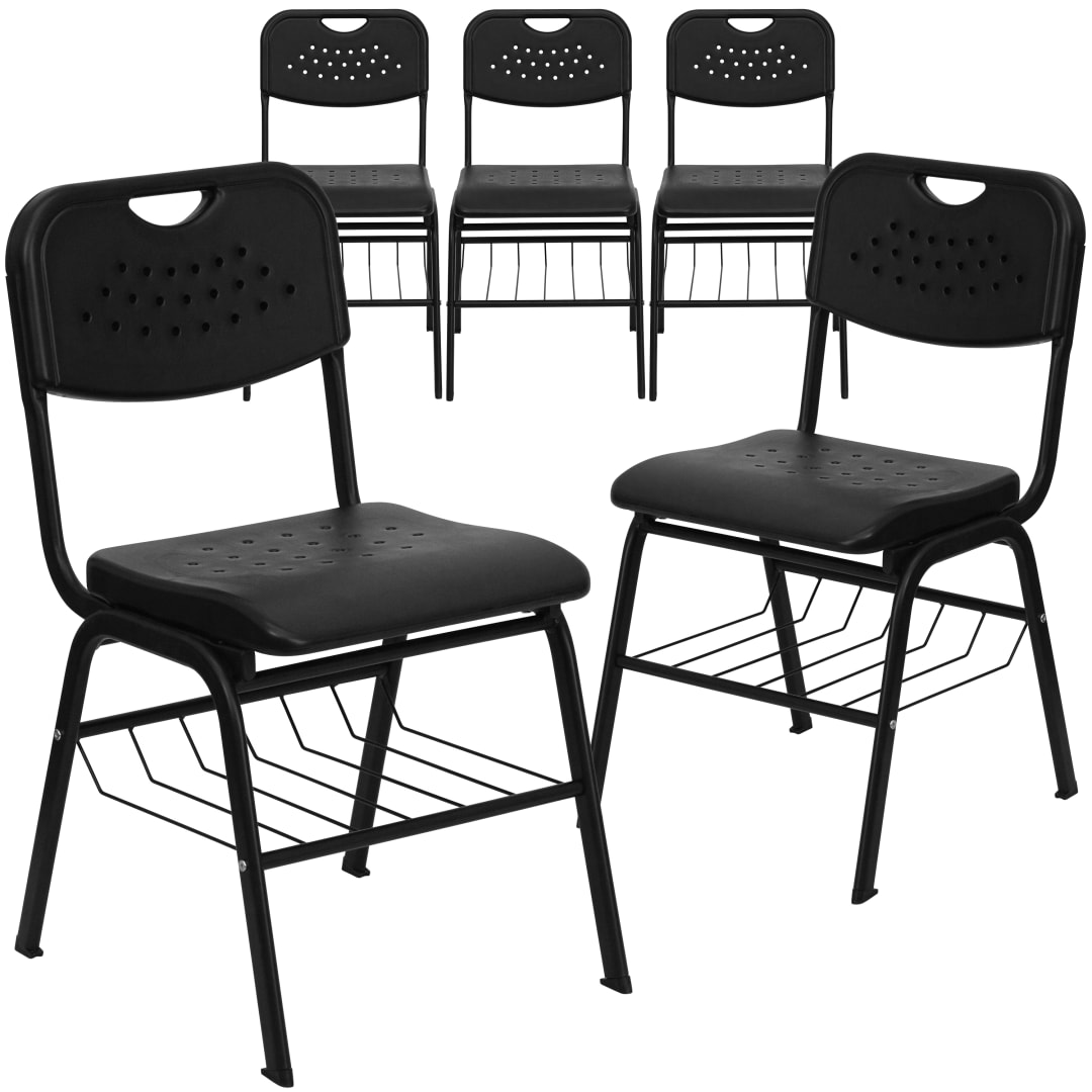 5 Pack HERCULES Series 880 lb. Capacity Black Plastic Chair with Black Frame and Book Basket