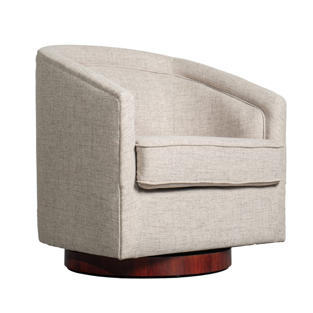 Dean Club Style Commercial Barrel Accent Armchair with 360 Degree Swivel Metal Base and Sloped Armrests in Cream Fabric Upholstery