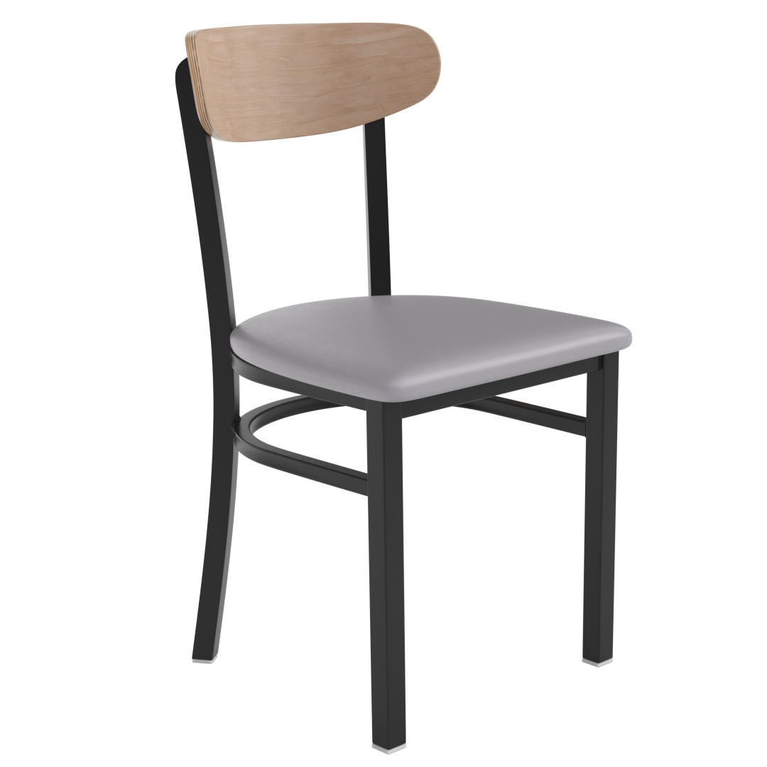 Wright Commercial Dining Chair with 500 LB. Capacity Black Steel Frame, Natural Birch Finish Wooden Boomerang Back, and Gray Vinyl Seat