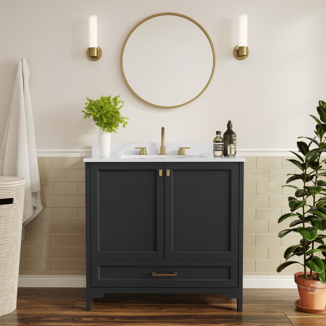 Haven 36" Bathroom Vanity with Sink, Storage Cabinet with Gold Hardware, Soft Close Doors and Bottom Drawer, Carrara Marble Finish Countertop, Black