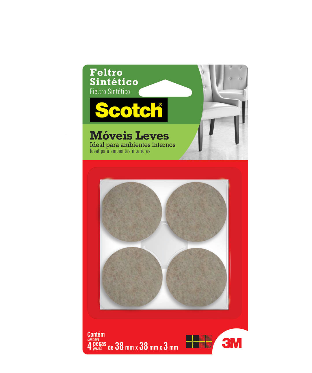 Feltro Sintético para Móveis Leves 3M™ Scotch™ Redondo, Marrom, Grande, 4 Unidades