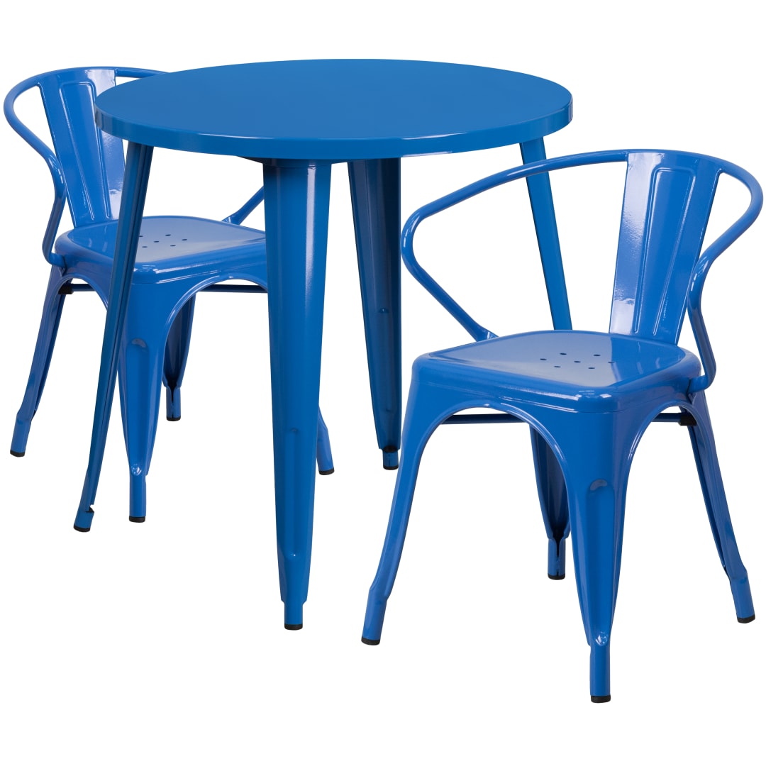 Conrad Commercial Grade 30" Round Blue Metal Indoor-Outdoor Table Set with 2 Arm Chairs