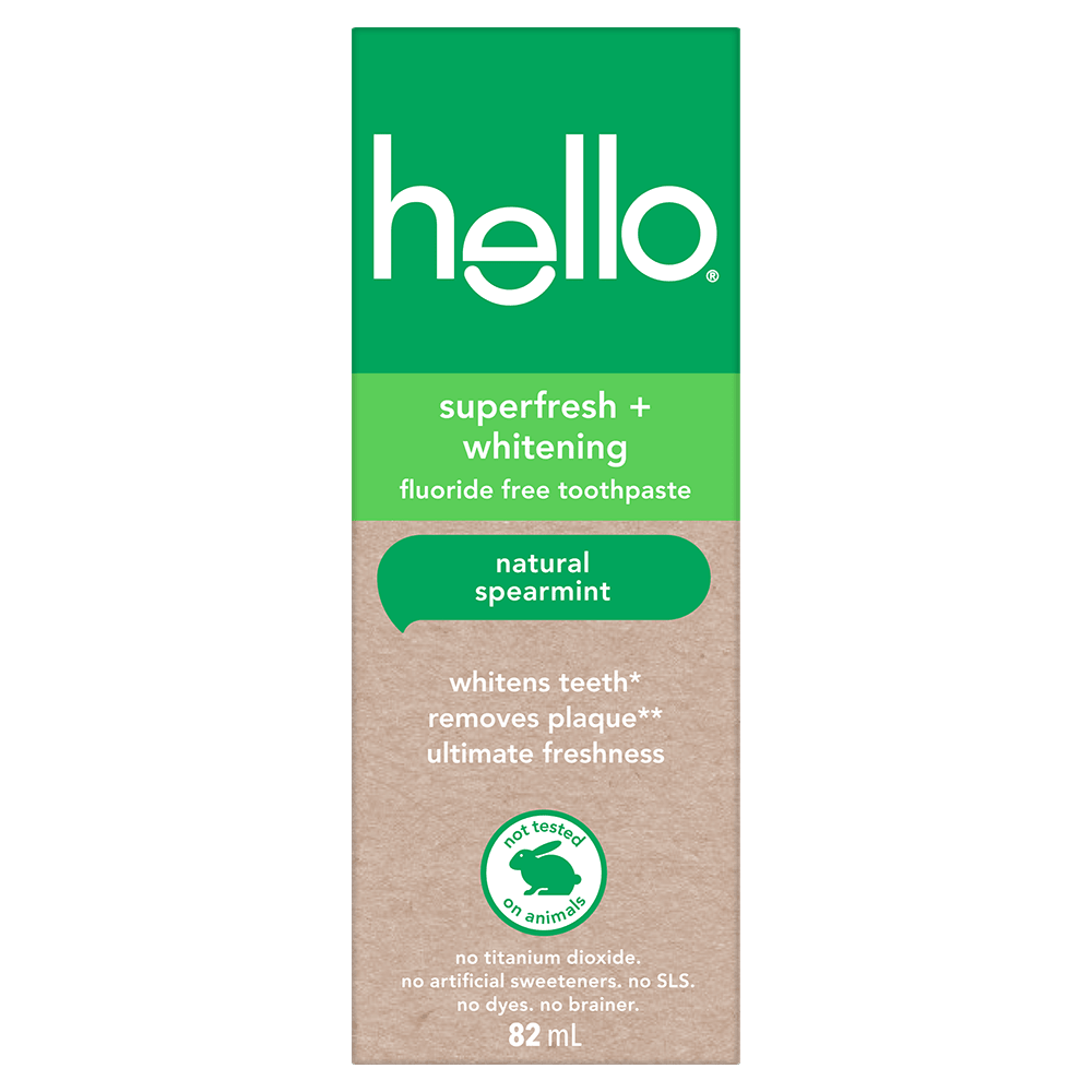 hello Superfresh Plus Whitening Fluoride Free Toothpaste, Natural Spearmint, 82 mL