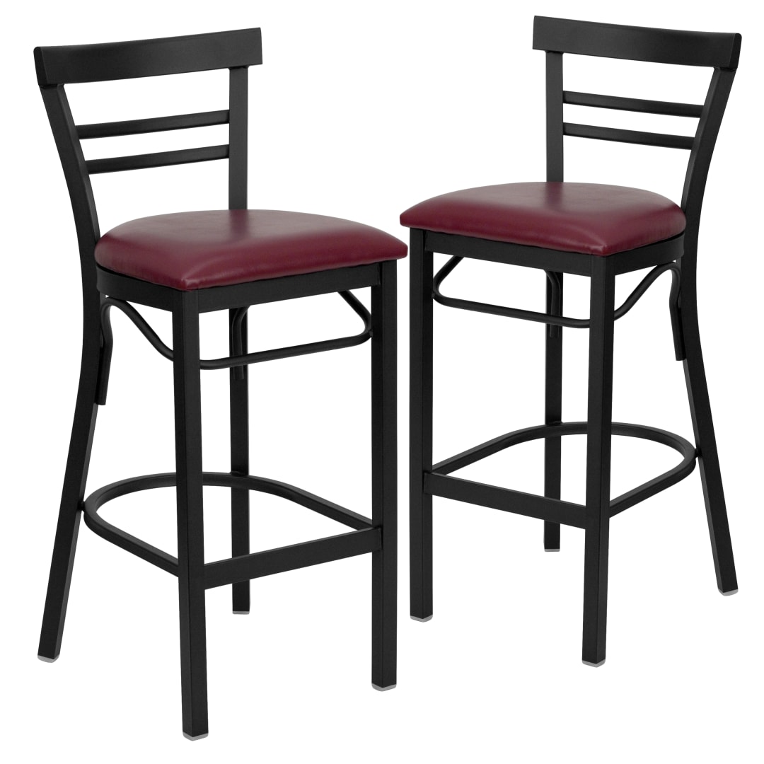2 Pk. HERCULES Series Black Two-Slat Ladder Back Metal Restaurant Barstool - Burgundy Vinyl Seat
