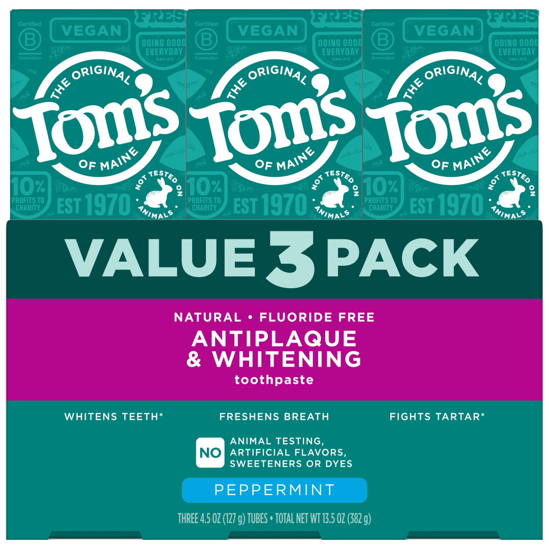 Tom’s of Maine Antiplaque and Whitening Toothpaste, Fluoride Free, Peppermint, 3 Pack, 4.5 oz