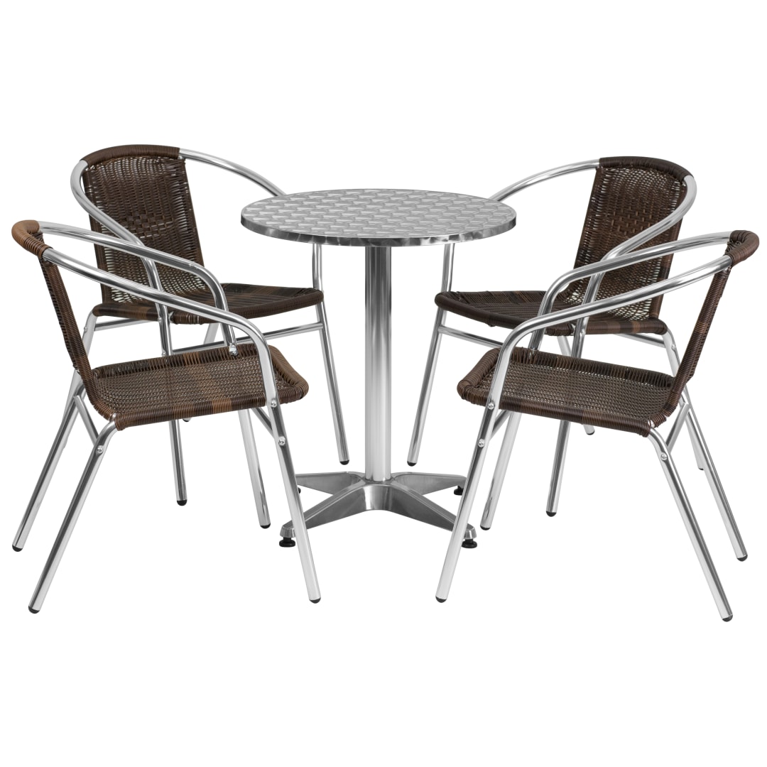 Lila 23.5'' Round Aluminum Indoor-Outdoor Table Set with 4 Dark Brown Rattan Chairs