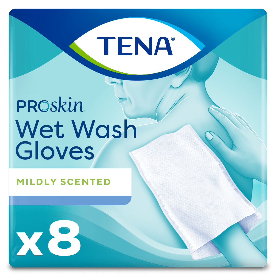 TENA ProSkin Wet Wash Gloves – Pre-Moistened Disposable Cleansing Gloves with No-Rinse Formula for Fragile Skin, Mildly Scented &amp; Can be Warmed in the Microwave - Pack of 8
