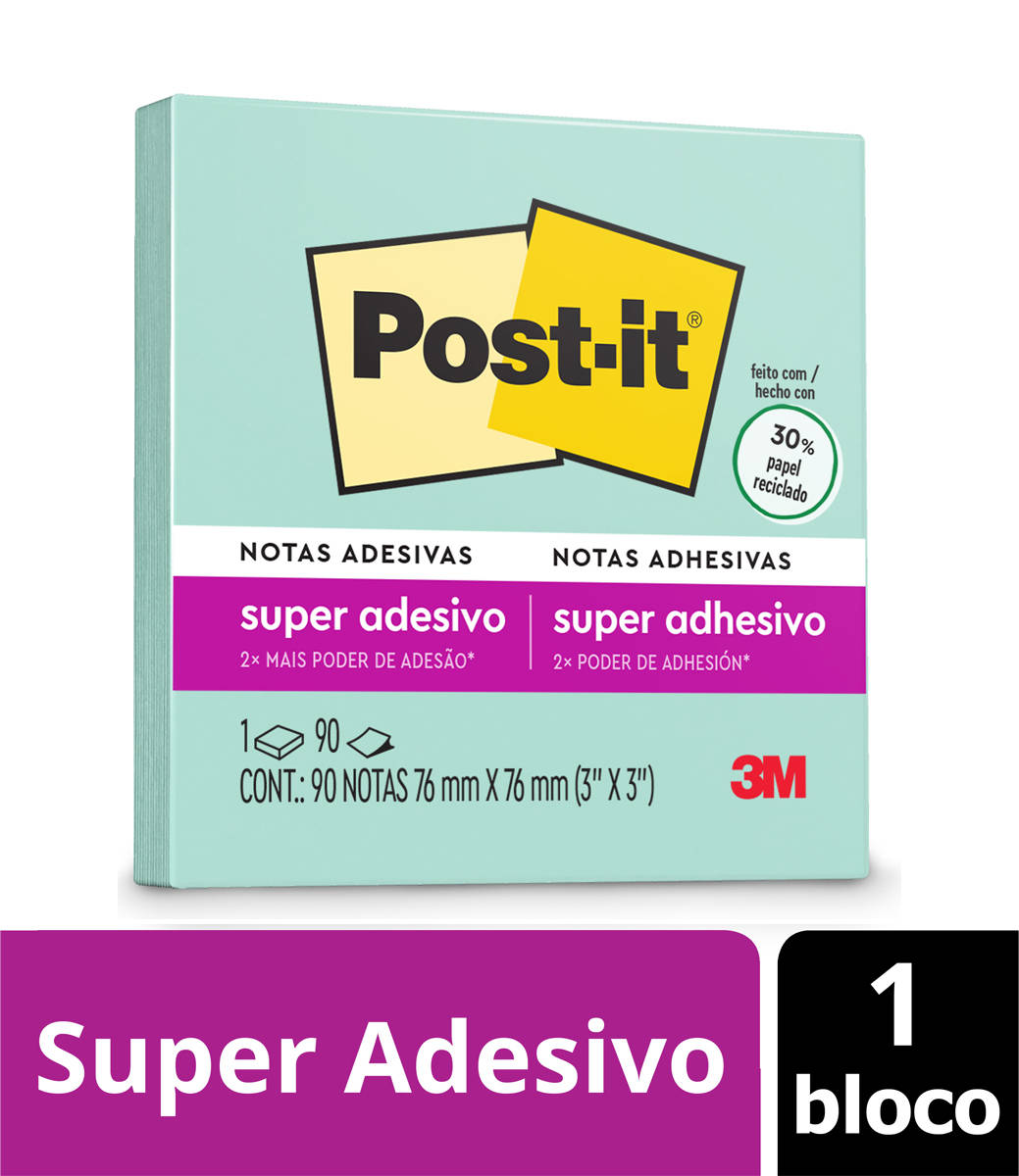 Bloco de Notas Super Adesivas Post-it®, Menta, 76 mm x 76 mm, 90 Folhas