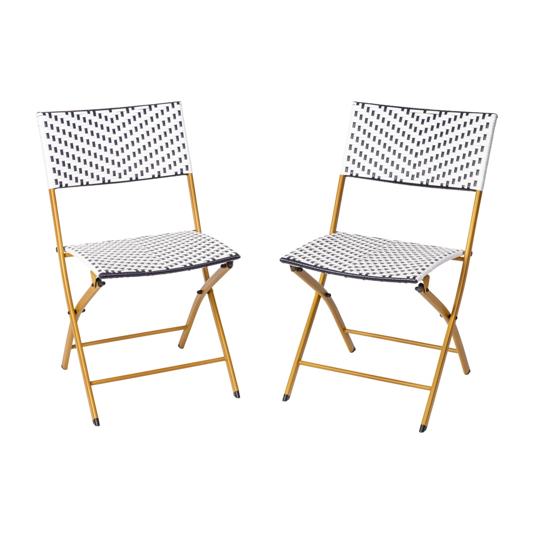 Rouen Set of 2 Commercial Grade Foldable Bistro Chairs, Indoor/Outdoor PE Rattan Back and Seat, Navy/White with Natural Steel Frames