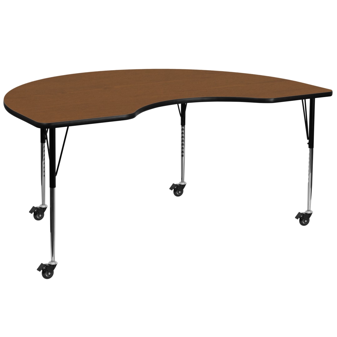 Wren Mobile 48''W x 96''L Kidney Oak HP Laminate Activity Table - Standard Height Adjustable Legs