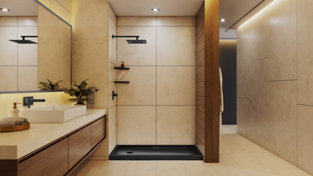 DreamLine SlimLine 32 inch D x 60 inch W x 2 3/4 inch H Single Threshold Black Alcove Shower Base with 2 inch Matte Black Left Round Drain