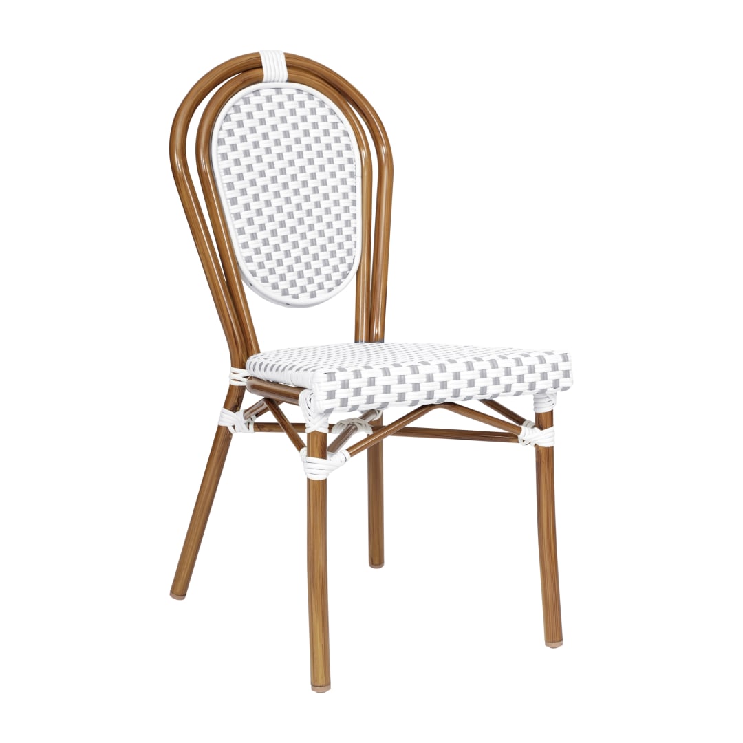Lourdes Indoor/Outdoor Commercial Thonet Bistro Stacking Chair, White and Gray PE Rattan and Bamboo Print Aluminum Frame in Natural