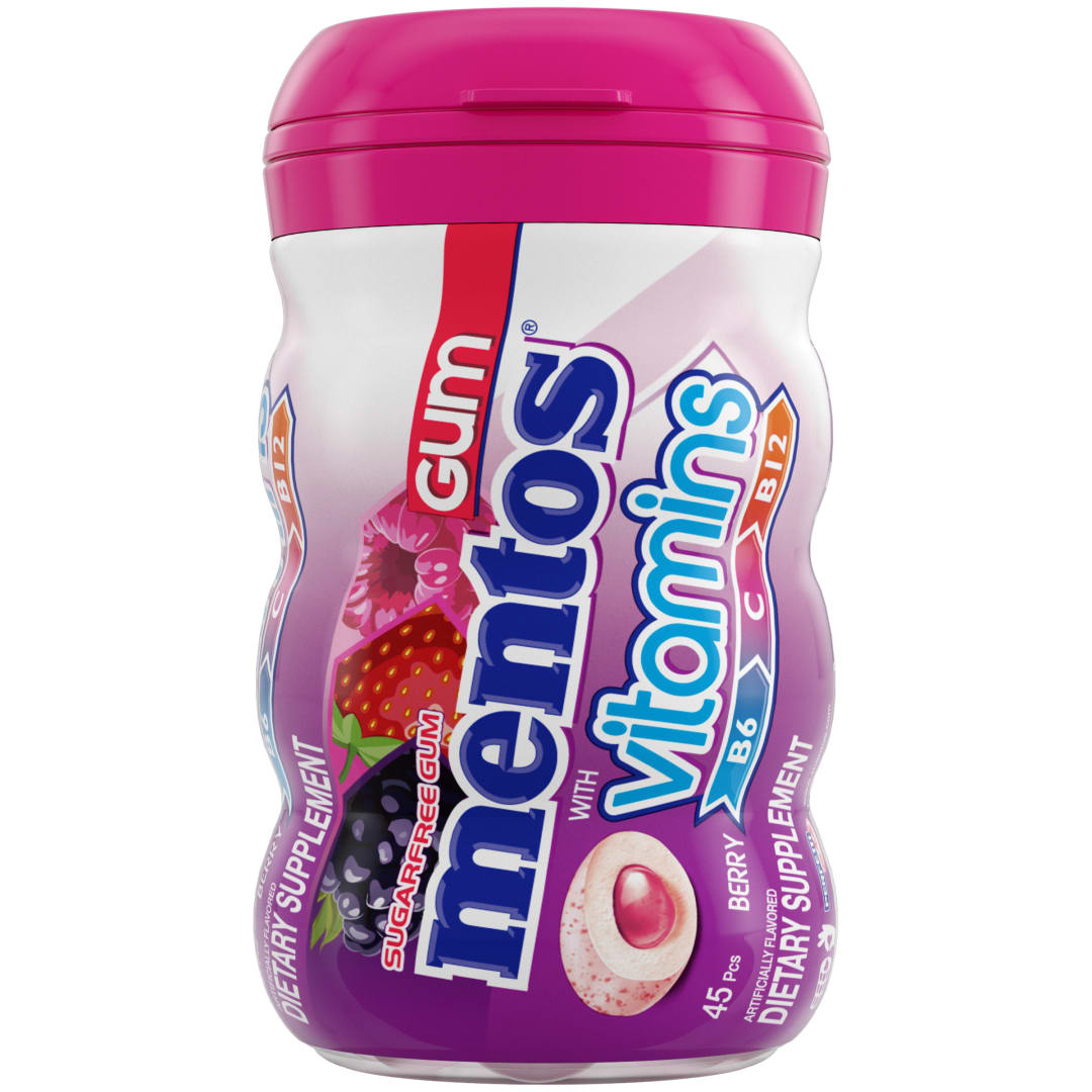 Mentos Gum with Vitamins Sugar Free Chewing Gum Berry 45 pc Curvy Bottle