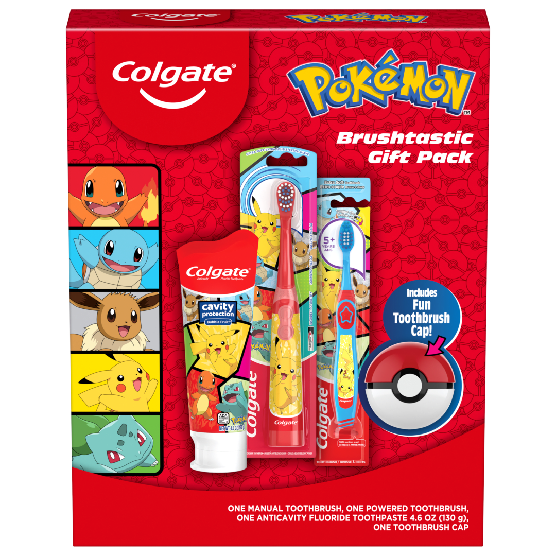 Colgate Kids Toothbrush Set with Toothpaste, Pokemon Gift Set, 1 manual toothbrush, one powered tootbrush and one Toothpaste