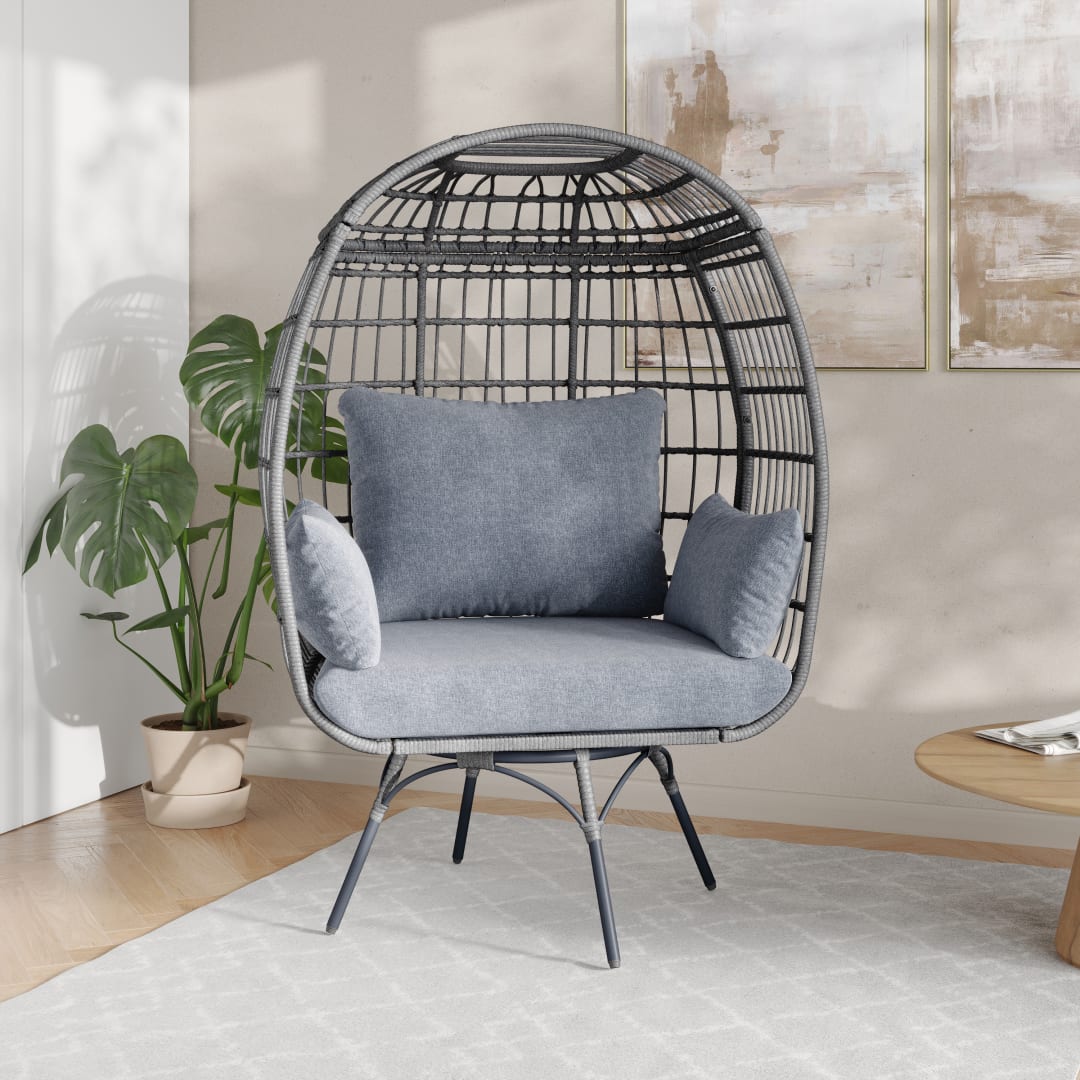 Zola Commercial Gray Indoor/Outdoor Oversized Wicker Egg Swivel Lounge Chair with 4 Cushions for Living Room, Patio, and Backyard Use