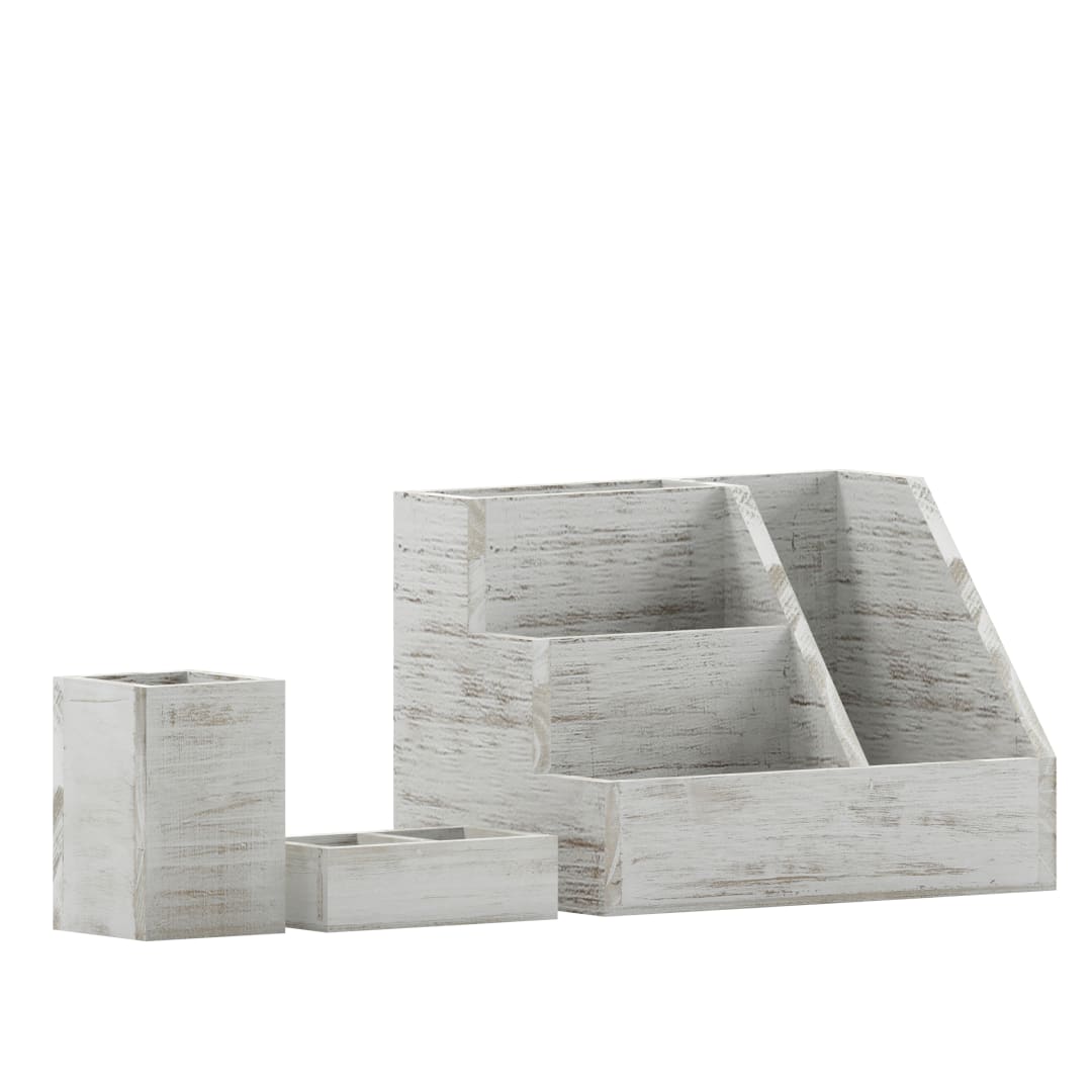 Comerford 3 Piece Wooden Organizer Set For Desktop, Table Top, or Vanity in Whitewashed