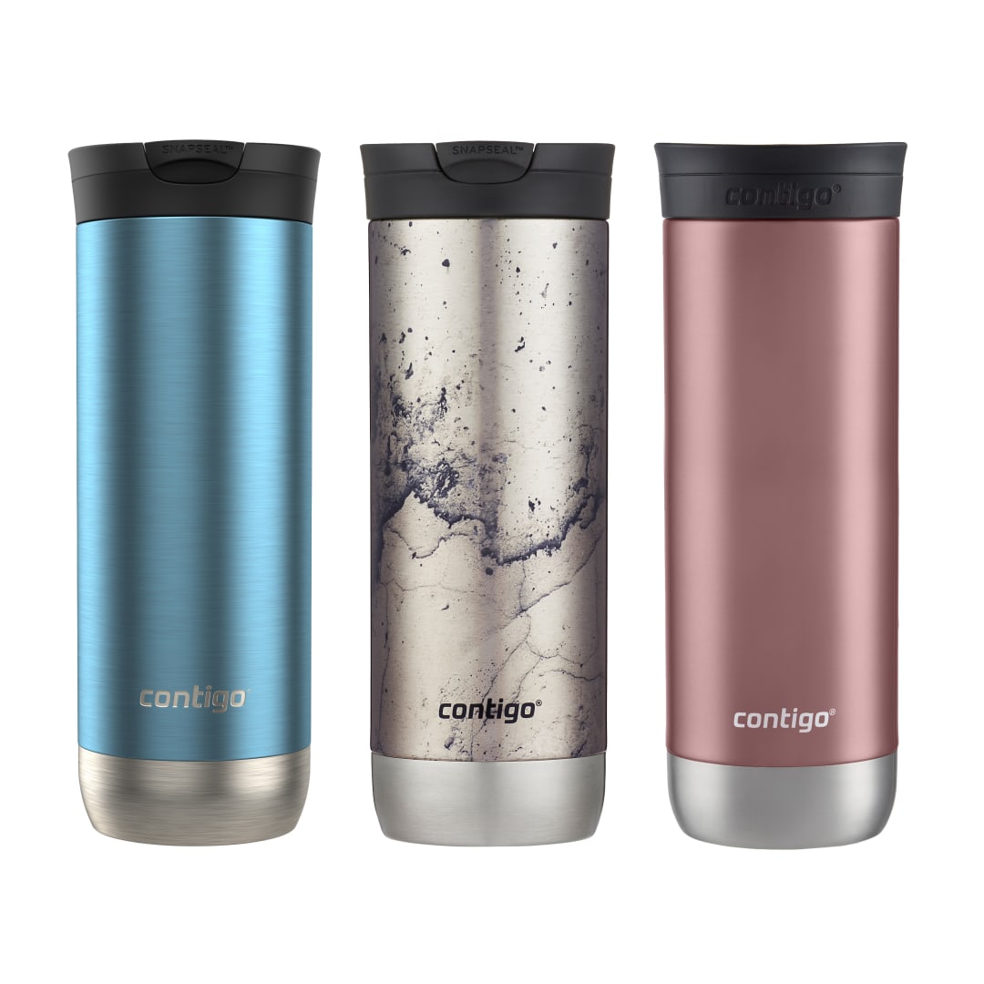 Tasse de voyage isotherme Contigo Huron 2.0, acier inoxydable, 591 mL (20 oz), couvercle SNAPSEAL, couleurs variées, paquet de 3